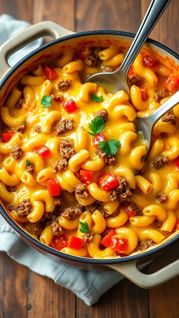 One-pot cheesy hamburger casserole with macaroni, ground beef, and melted cheese, garnished with parsley.